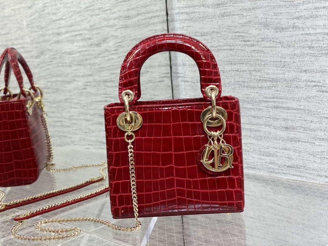 Dior M0505 Mini Dior Lady Bag Wine Red Cannage Crocodile Gold