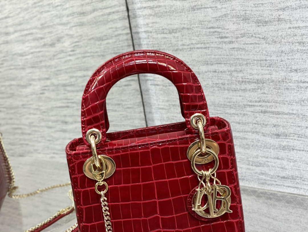 Dior M0505 Mini Dior Lady Bag Wine Red Cannage Crocodile Gold