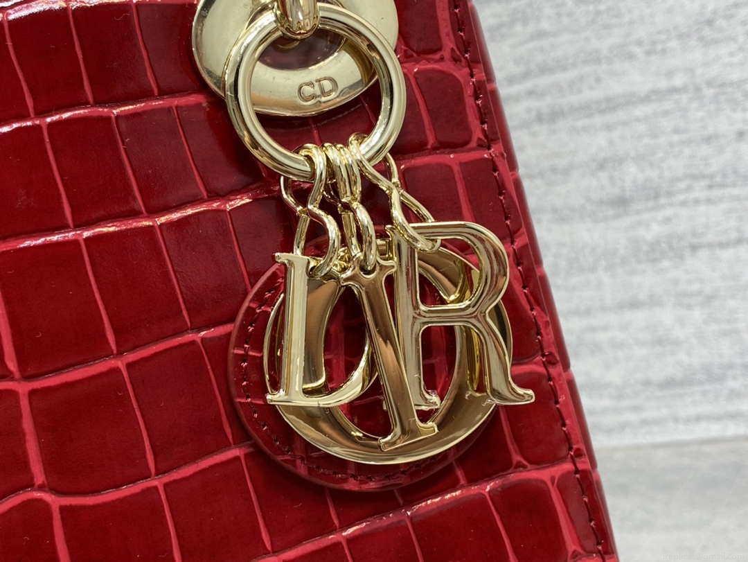Dior M0505 Mini Dior Lady Bag Wine Red Cannage Crocodile Gold
