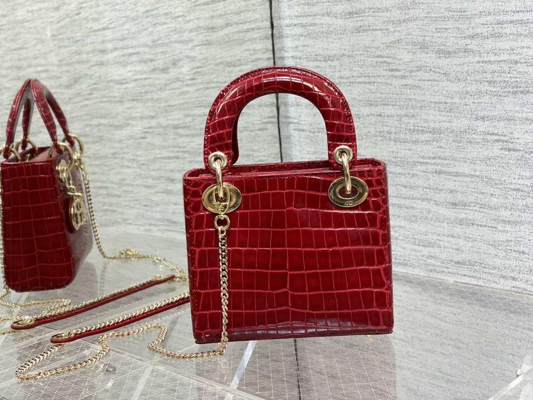 Dior M0505 Mini Dior Lady Bag Wine Red Cannage Crocodile Gold