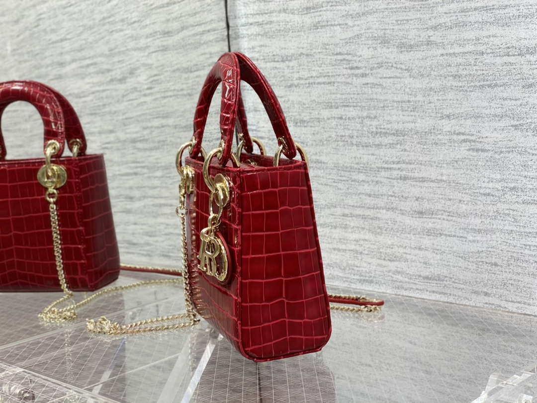 Dior M0505 Mini Dior Lady Bag Wine Red Cannage Crocodile Gold
