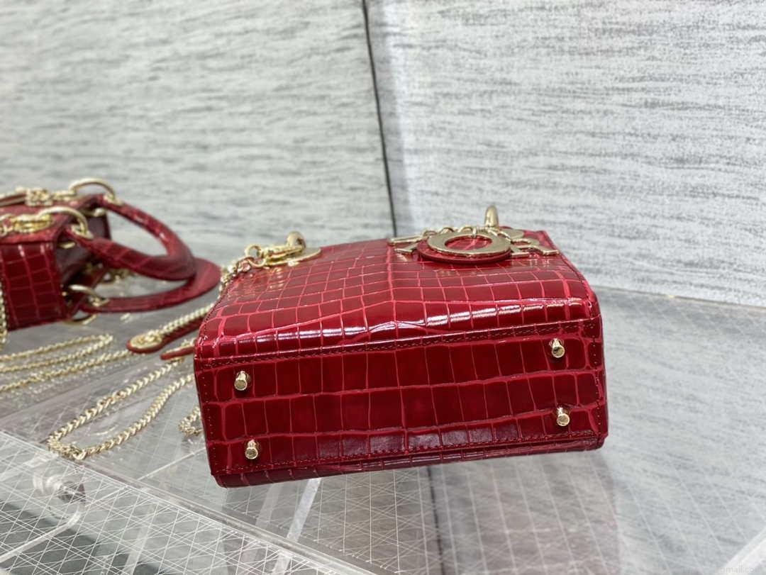 Dior M0505 Mini Dior Lady Bag Wine Red Cannage Crocodile Gold