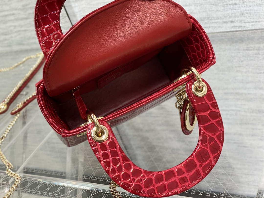 Dior M0505 Mini Dior Lady Bag Wine Red Cannage Crocodile Gold
