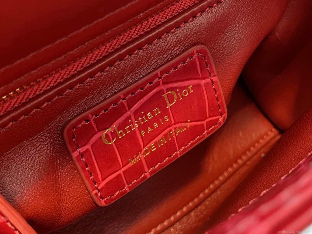Dior M0505 Mini Dior Lady Bag Wine Red Cannage Crocodile Gold