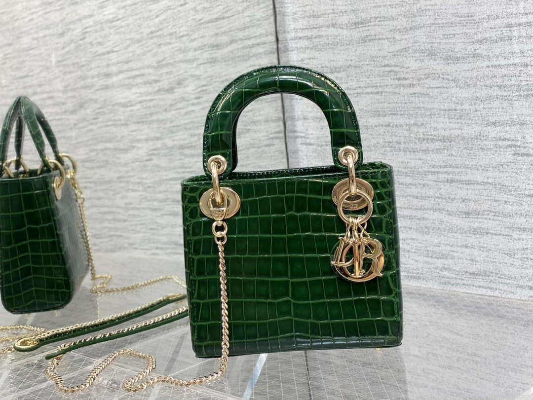 Dior M0505 Mini Dior Lady Bag Green Cannage Crocodile Gold