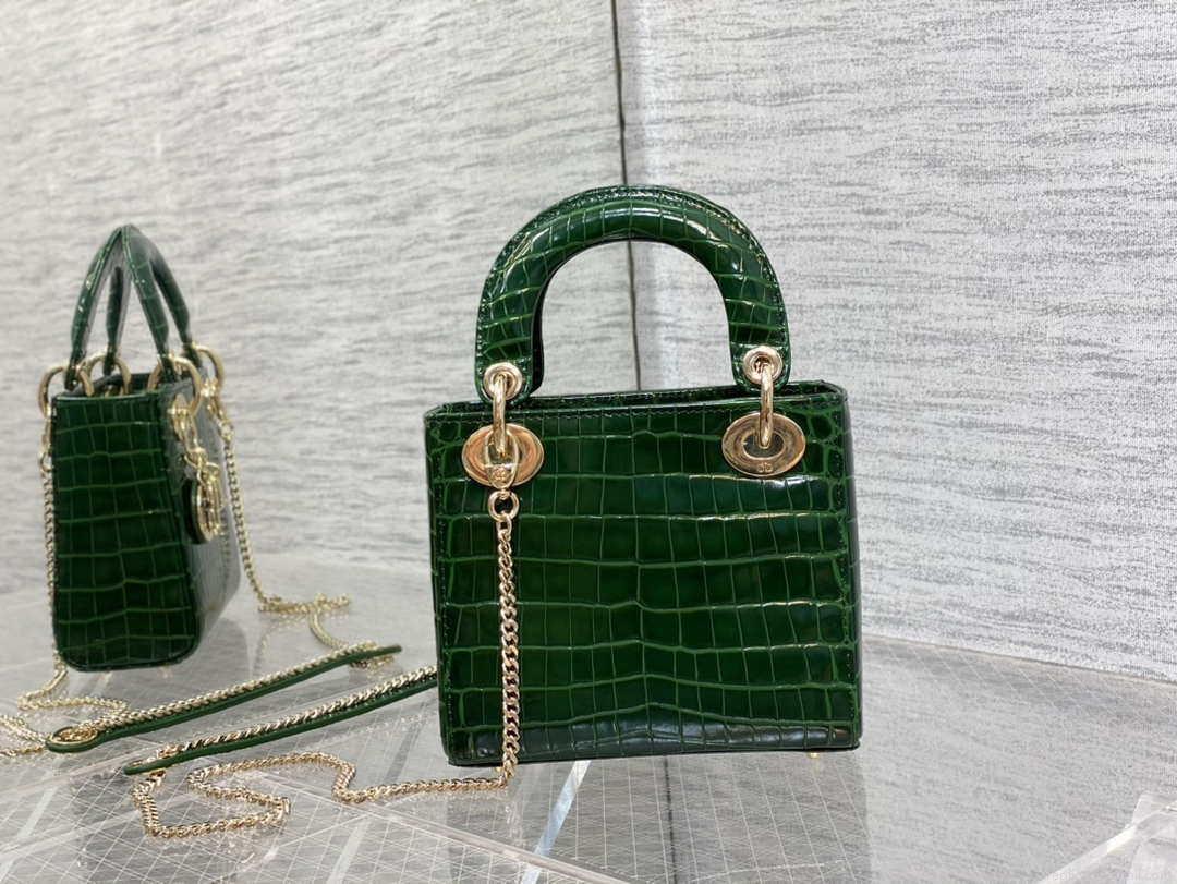 Dior M0505 Mini Dior Lady Bag Green Cannage Crocodile Gold