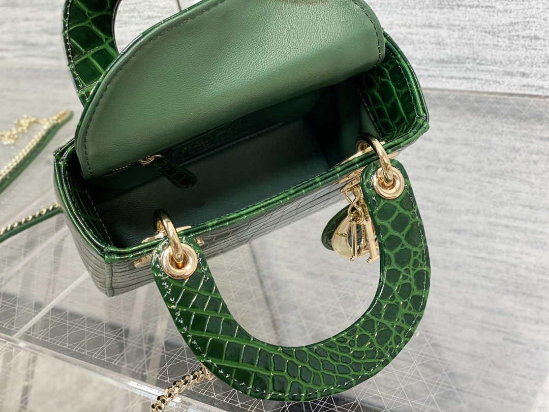 Dior M0505 Mini Dior Lady Bag Green Cannage Crocodile Gold