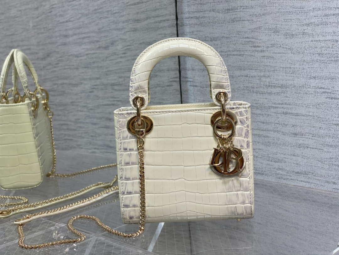 Dior M0505 Mini Dior Lady Bag Beige Cannage Crocodile Gold