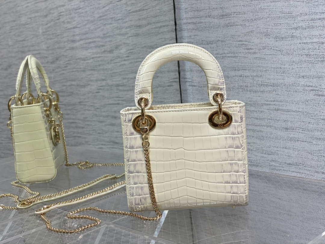 Dior M0505 Mini Dior Lady Bag Beige Cannage Crocodile Gold