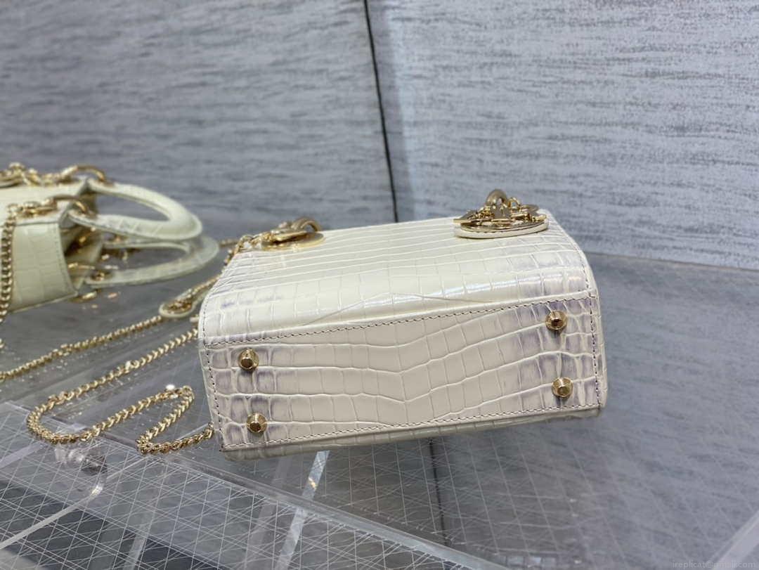 Dior M0505 Mini Dior Lady Bag Beige Cannage Crocodile Gold