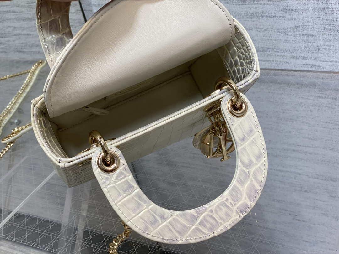 Dior M0505 Mini Dior Lady Bag Beige Cannage Crocodile Gold