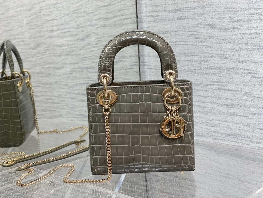 Dior M0505 Mini Dior Lady Bag Kaki Cannage Crocodile Gold
