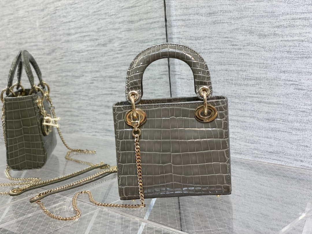 Dior M0505 Mini Dior Lady Bag Kaki Cannage Crocodile Gold