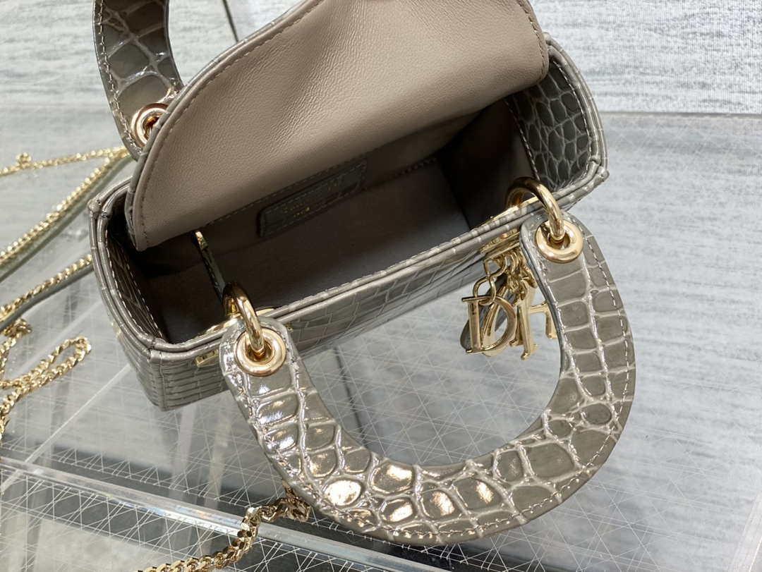 Dior M0505 Mini Dior Lady Bag Kaki Cannage Crocodile Gold