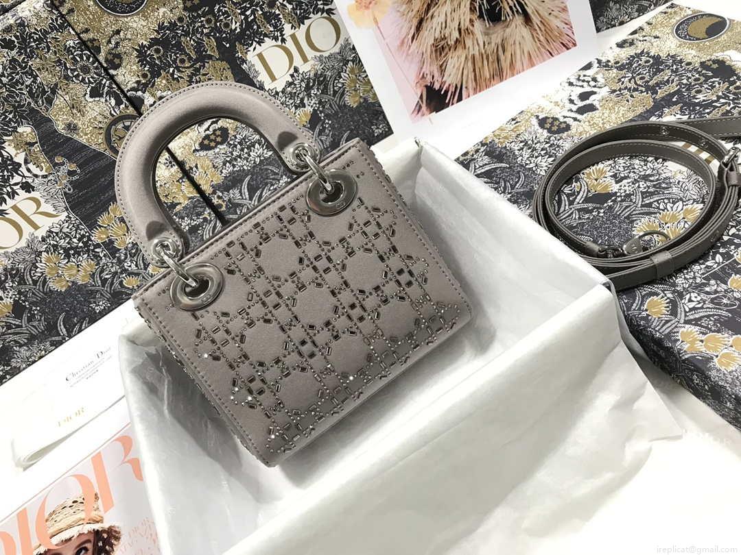 Dior M0505 Mini Dior Lady Bag Gray Metallic Cannage Lambskin with Beaded Embroidery