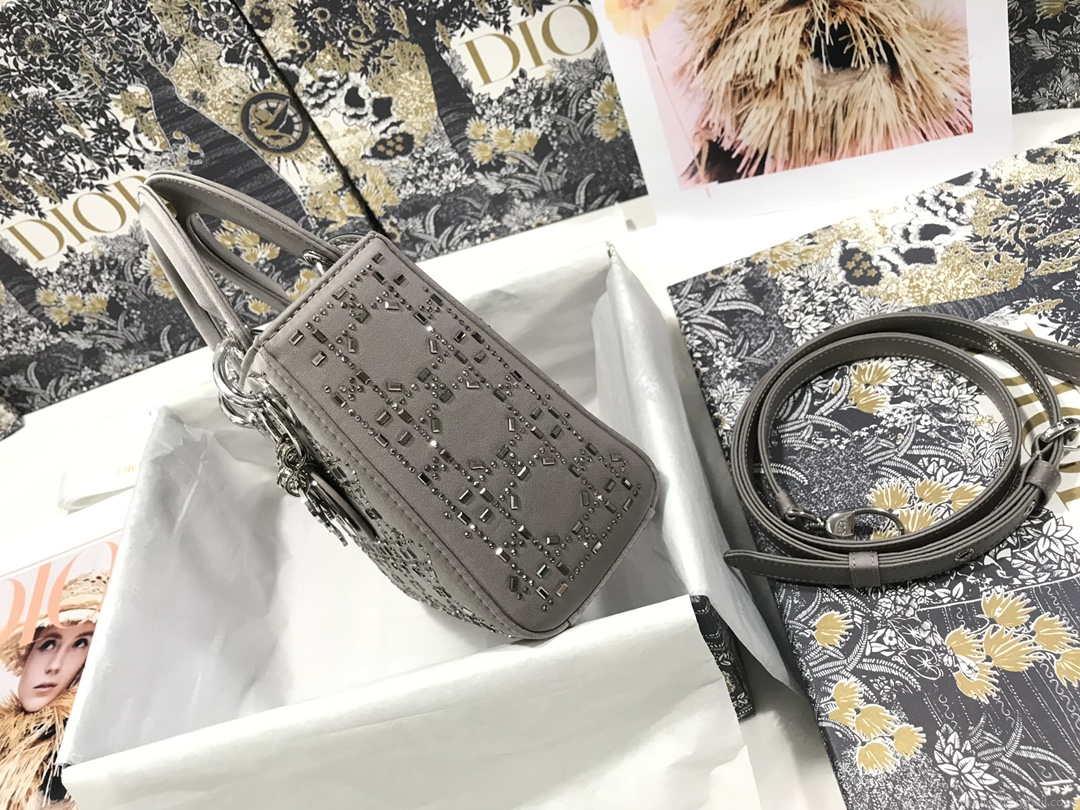 Dior M0505 Mini Dior Lady Bag Gray Metallic Cannage Lambskin with Beaded Embroidery
