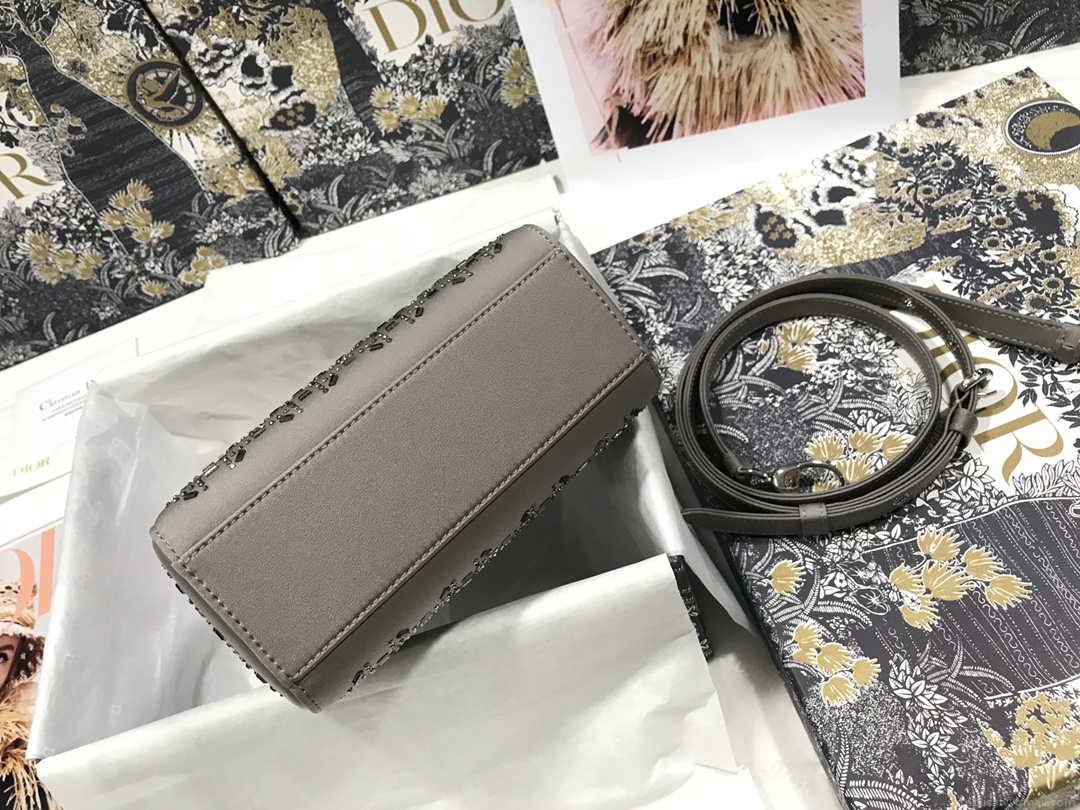 Dior M0505 Mini Dior Lady Bag Gray Metallic Cannage Lambskin with Beaded Embroidery