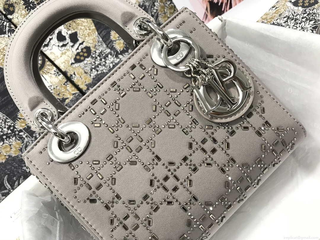 Dior M0505 Mini Dior Lady Bag Gray Metallic Cannage Lambskin with Beaded Embroidery