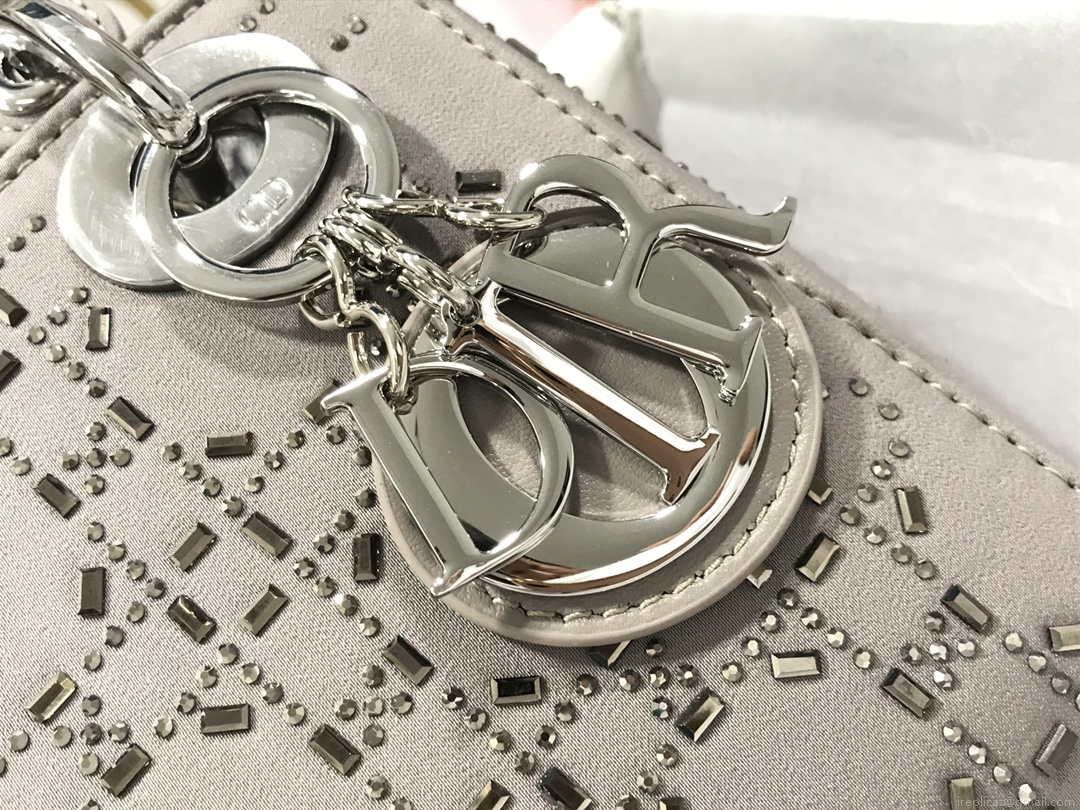 Dior M0505 Mini Dior Lady Bag Gray Metallic Cannage Lambskin with Beaded Embroidery