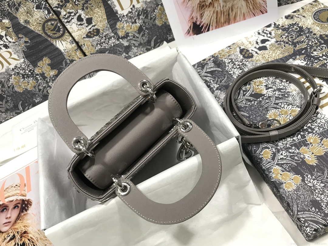 Dior M0505 Mini Dior Lady Bag Gray Metallic Cannage Lambskin with Beaded Embroidery