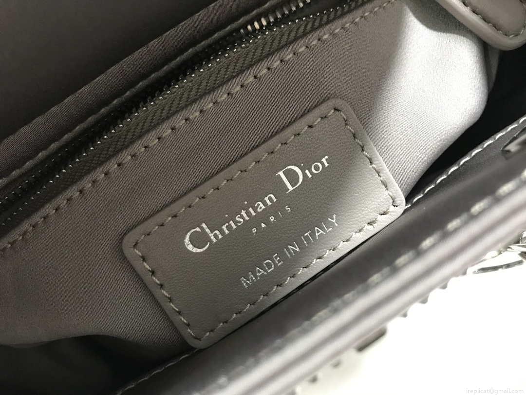 Dior M0505 Mini Dior Lady Bag Gray Metallic Cannage Lambskin with Beaded Embroidery