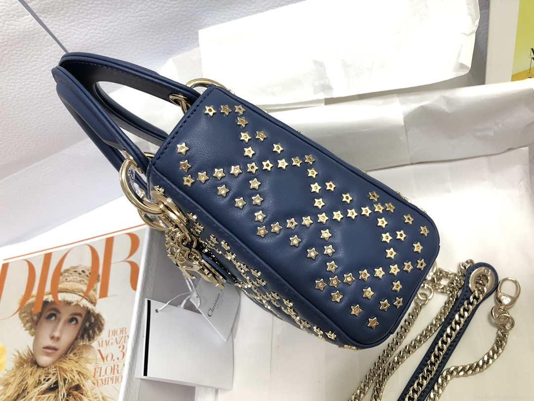 Dior M0505 Mini Dior Lady Bag Navy Blue Metallic Cannage Lambskin with Beaded Embroidery