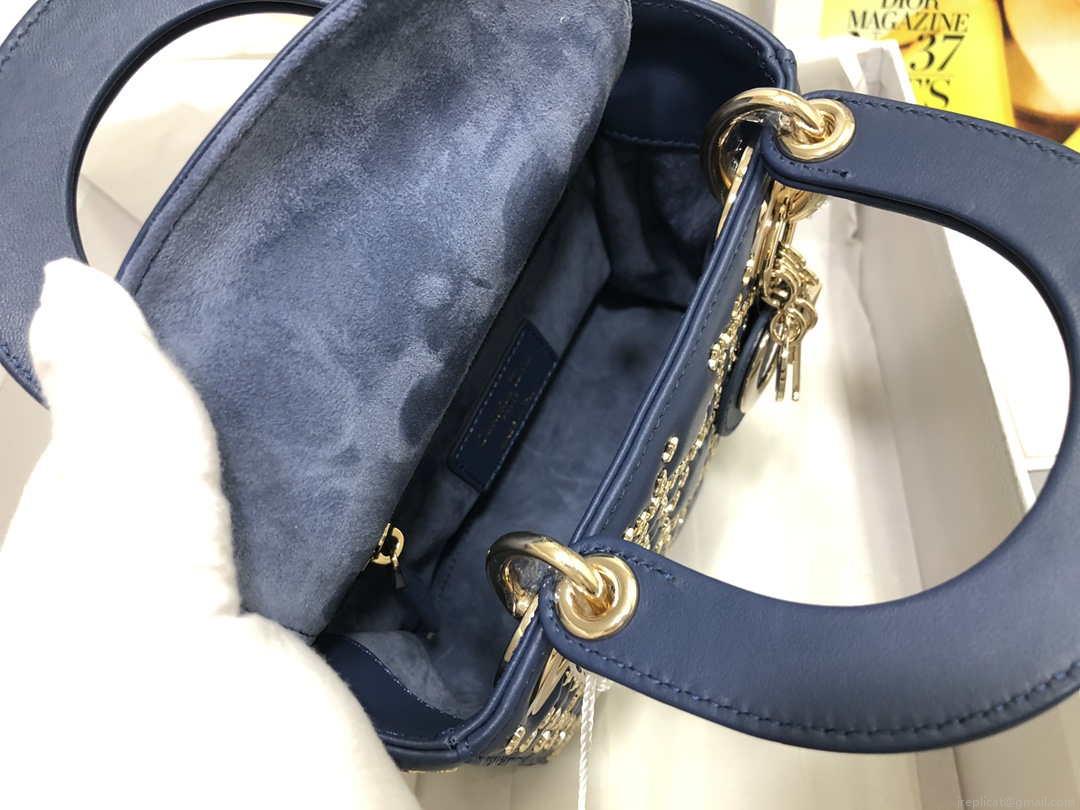 Dior M0505 Mini Dior Lady Bag Navy Blue Metallic Cannage Lambskin with Beaded Embroidery