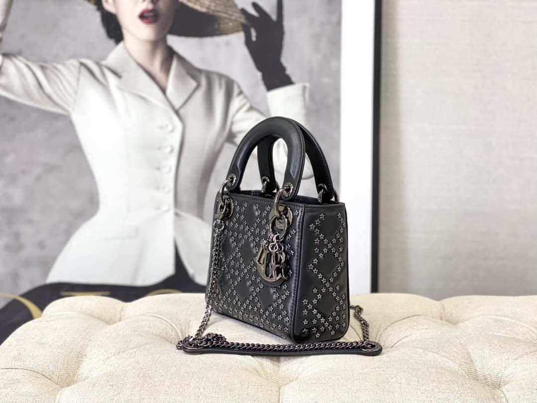 Dior Mini Dior Lady Bag Navy Black Metallic Cannage Lambskin with Beaded Embroidery M0505 Black