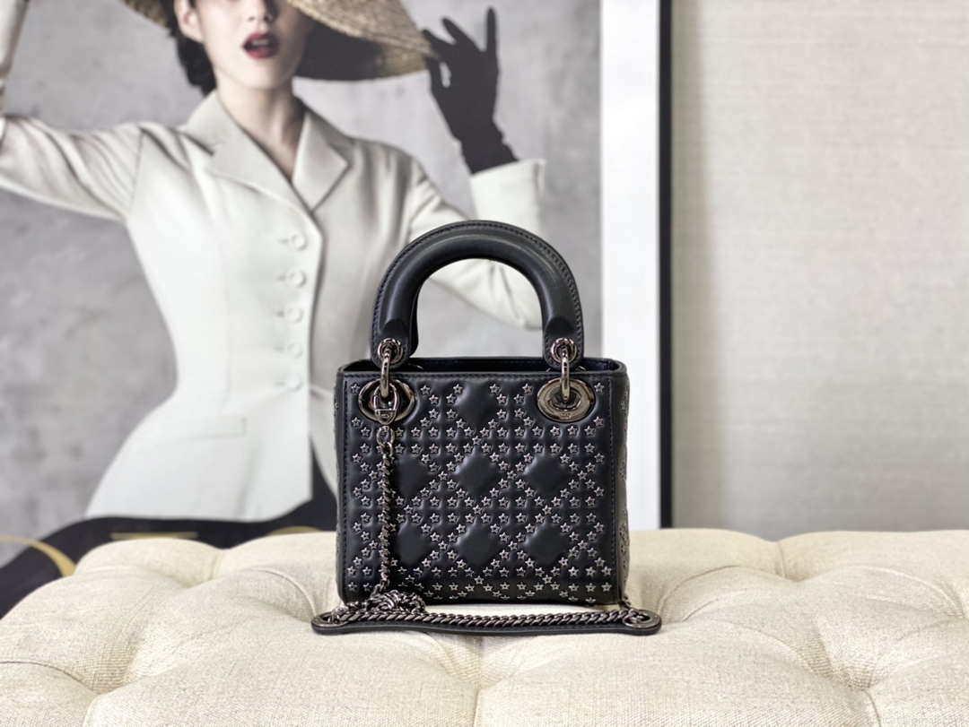 Dior Mini Dior Lady Bag Navy Black Metallic Cannage Lambskin with Beaded Embroidery M0505 Black