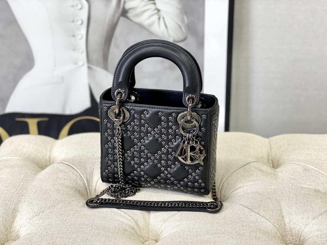Dior Mini Dior Lady Bag Navy Black Metallic Cannage Lambskin with Beaded Embroidery M0505 Black