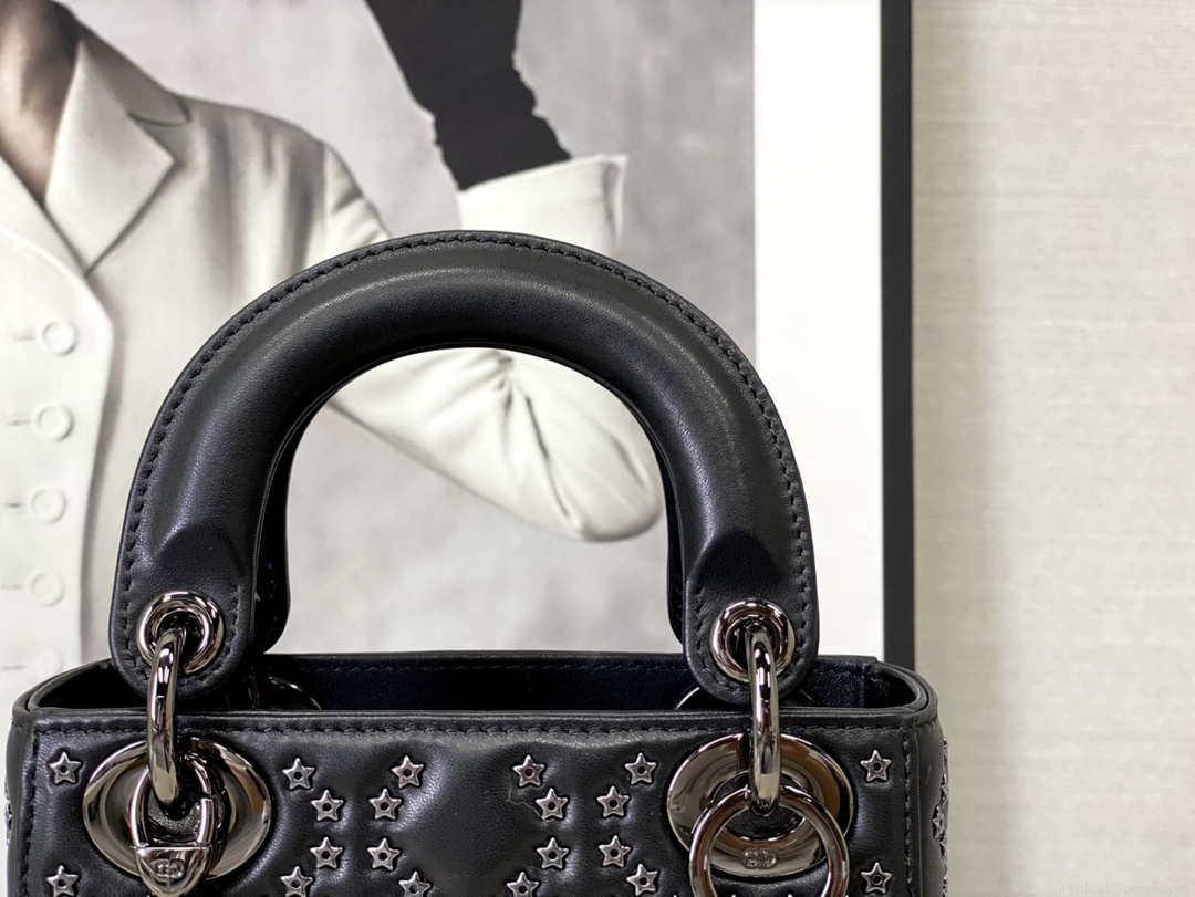 Dior Mini Dior Lady Bag Navy Black Metallic Cannage Lambskin with Beaded Embroidery M0505 Black