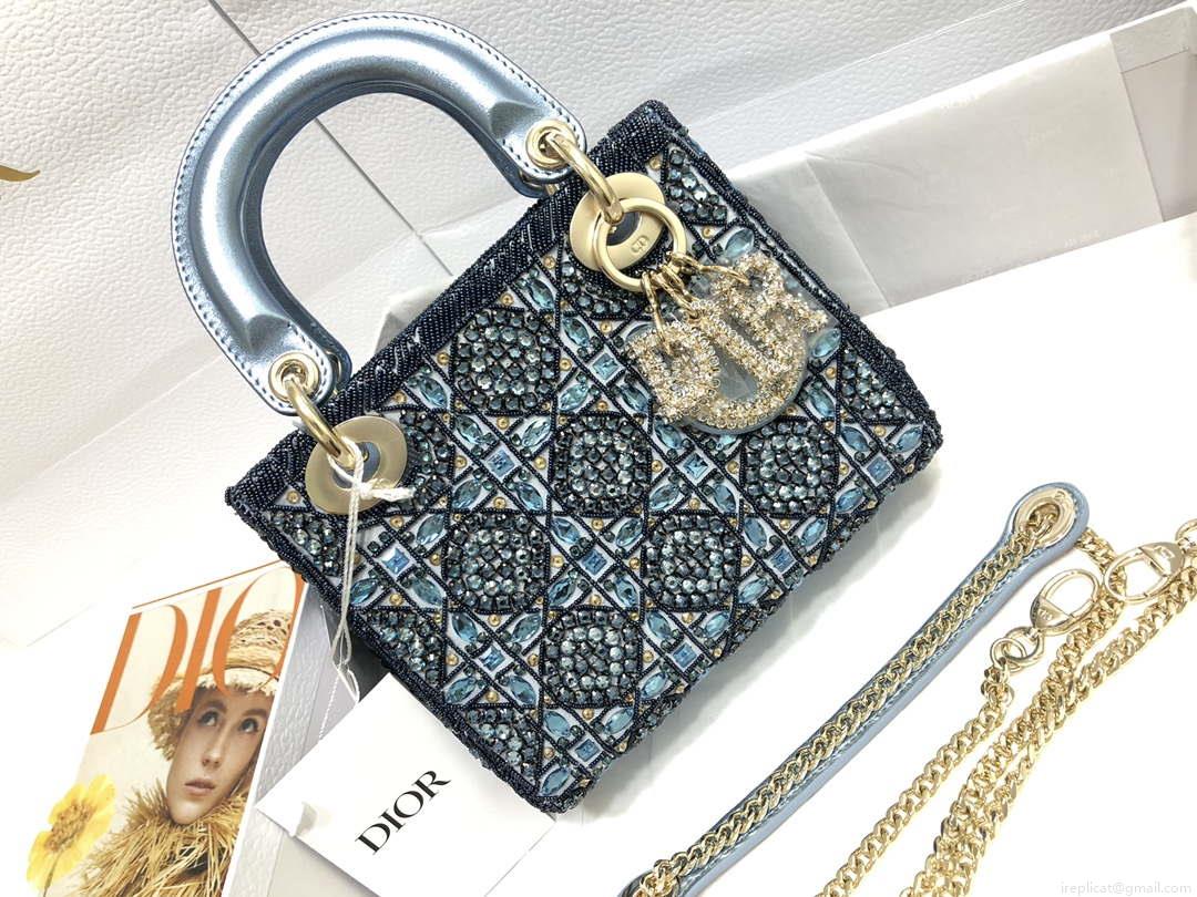 Dior M0505 Mini Dior Lady Bag Metallic Calfskin and Satin with Celestial Blue Bead Embroidery