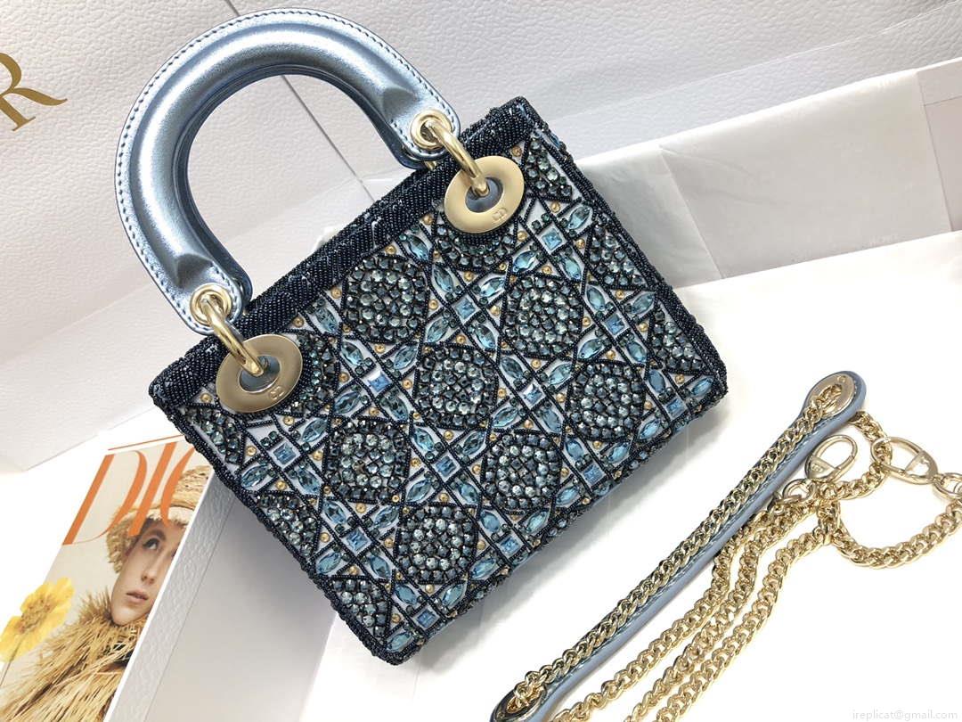Dior M0505 Mini Dior Lady Bag Metallic Calfskin and Satin with Celestial Blue Bead Embroidery