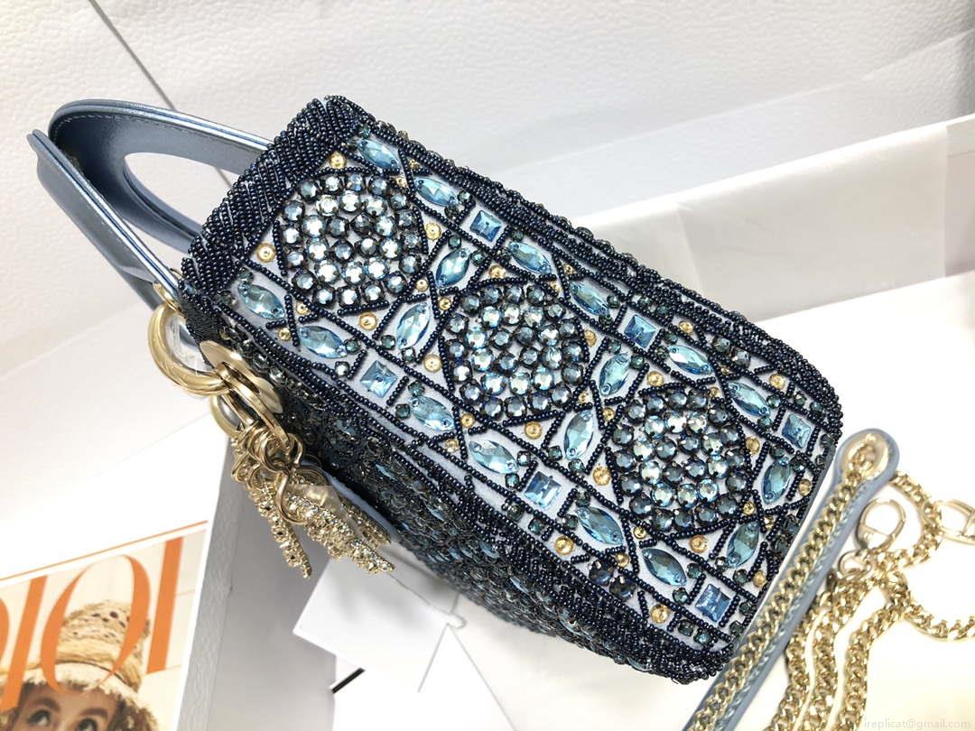 Dior M0505 Mini Dior Lady Bag Metallic Calfskin and Satin with Celestial Blue Bead Embroidery
