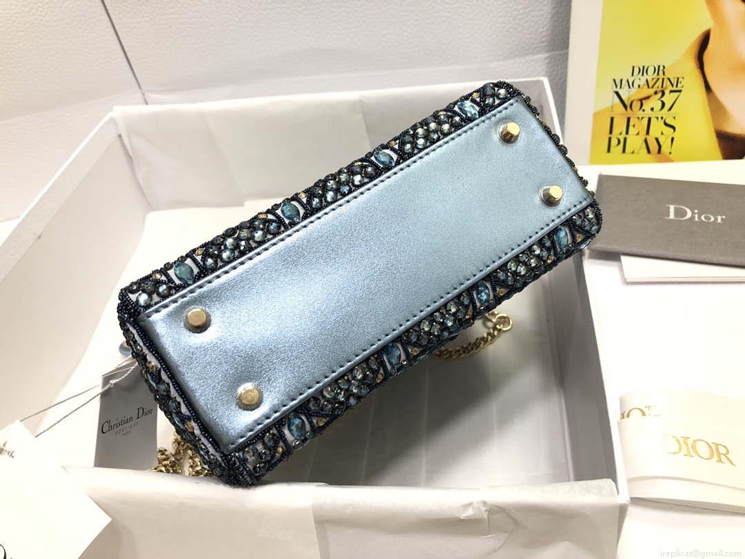 Dior M0505 Mini Dior Lady Bag Metallic Calfskin and Satin with Celestial Blue Bead Embroidery