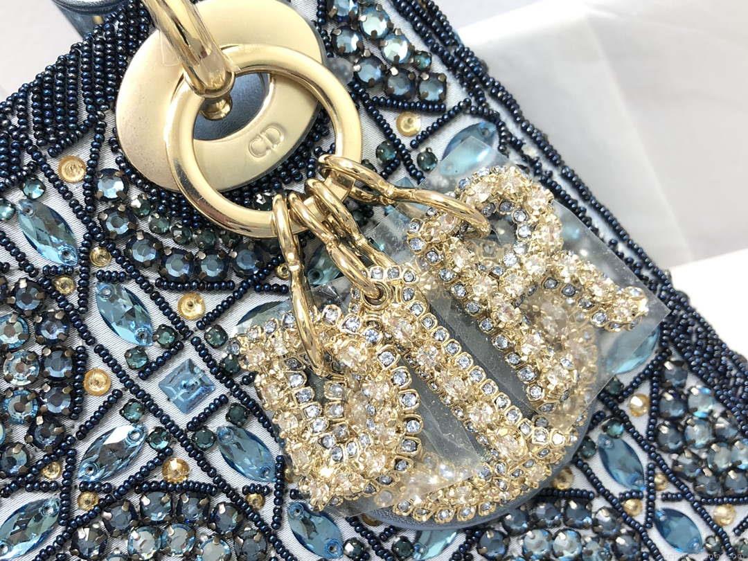 Dior M0505 Mini Dior Lady Bag Metallic Calfskin and Satin with Celestial Blue Bead Embroidery