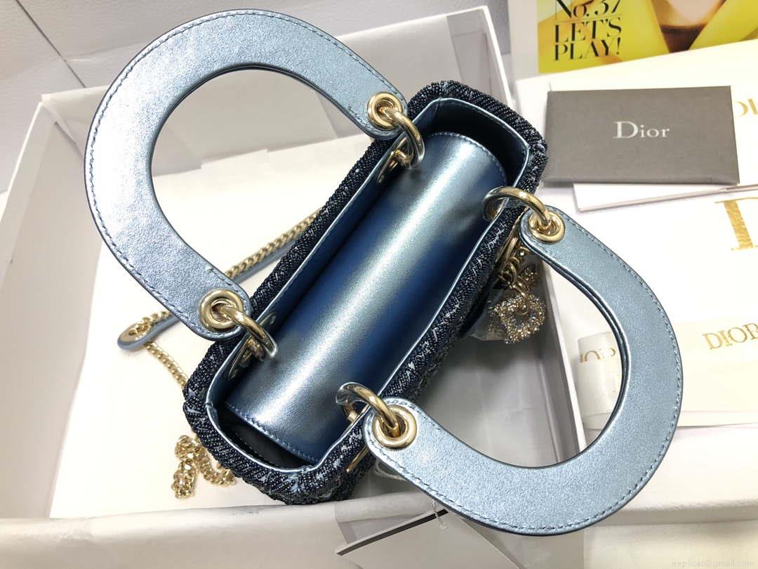 Dior M0505 Mini Dior Lady Bag Metallic Calfskin and Satin with Celestial Blue Bead Embroidery