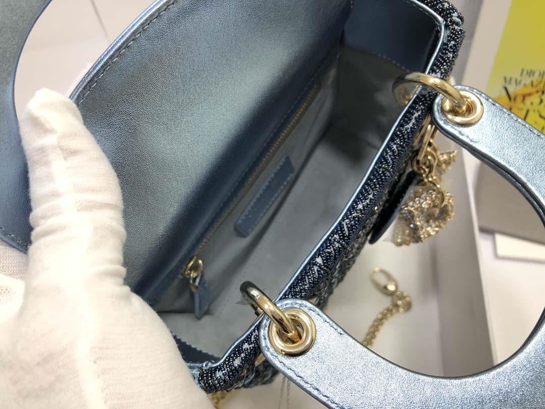 Dior M0505 Mini Dior Lady Bag Metallic Calfskin and Satin with Celestial Blue Bead Embroidery