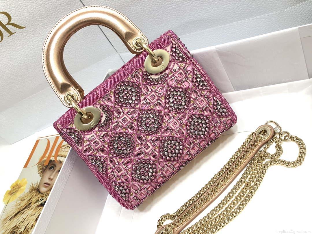 Dior M0505 Mini Dior Lady Bag Metallic Calfskin and Satin with Rose Des Vents Resin Pearl Embroidery
