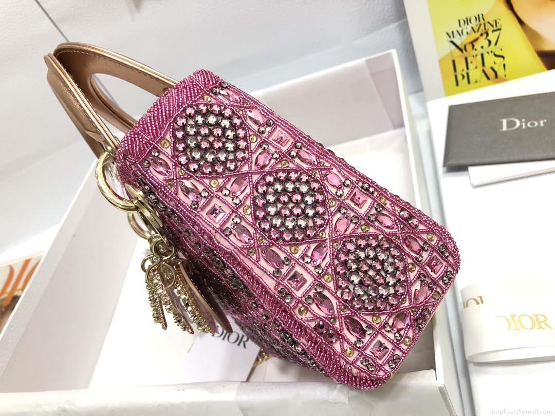 Dior M0505 Mini Dior Lady Bag Metallic Calfskin and Satin with Rose Des Vents Resin Pearl Embroidery