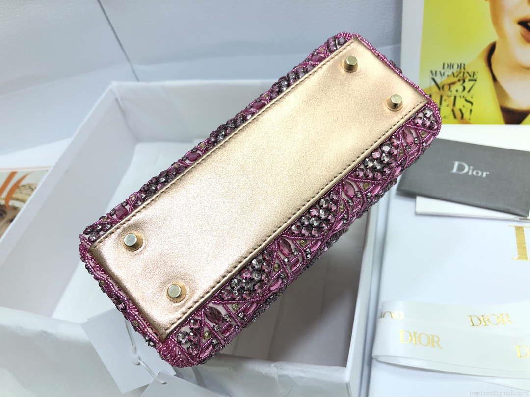 Dior M0505 Mini Dior Lady Bag Metallic Calfskin and Satin with Rose Des Vents Resin Pearl Embroidery