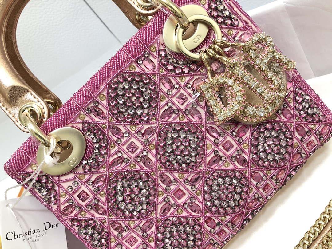 Dior M0505 Mini Dior Lady Bag Metallic Calfskin and Satin with Rose Des Vents Resin Pearl Embroidery