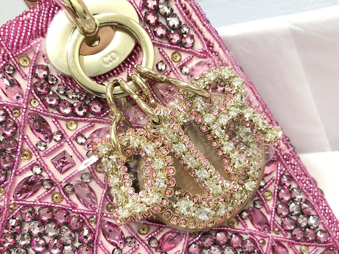 Dior M0505 Mini Dior Lady Bag Metallic Calfskin and Satin with Rose Des Vents Resin Pearl Embroidery