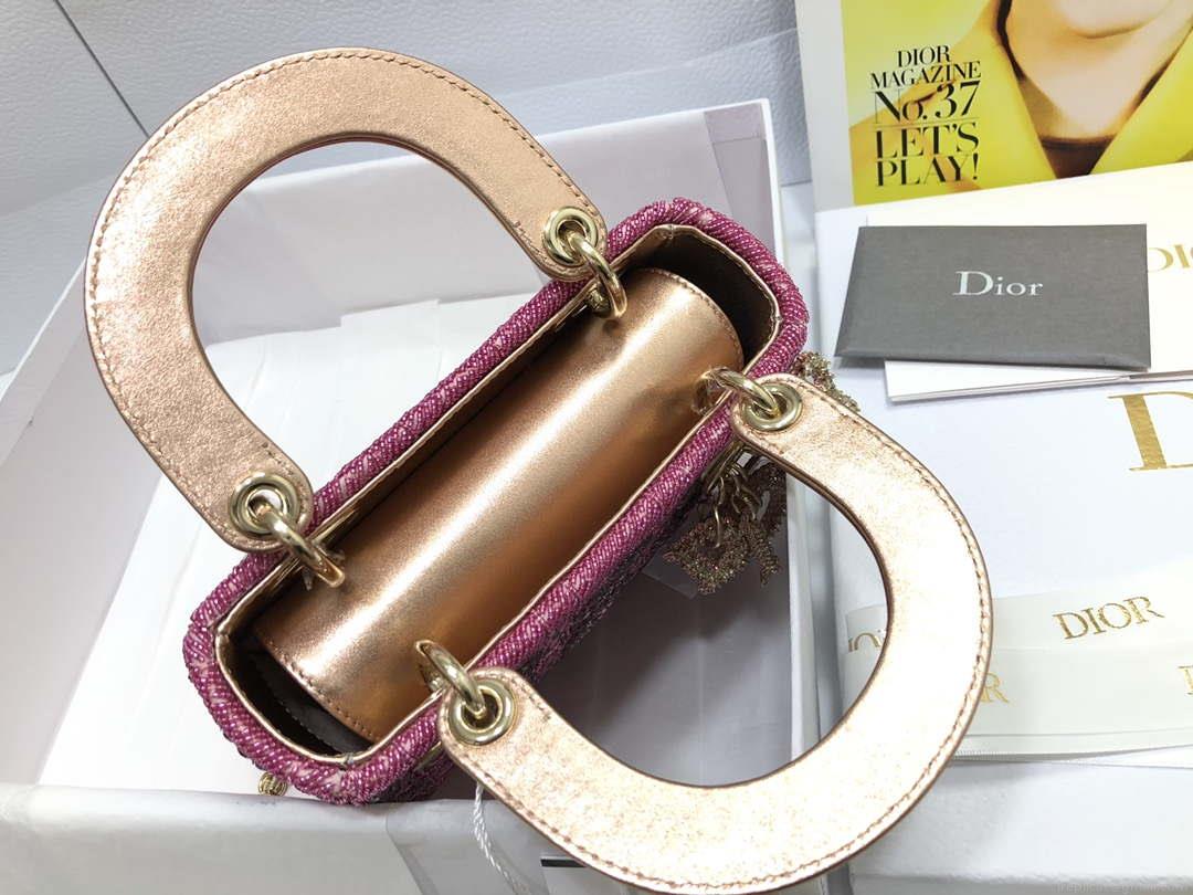 Dior M0505 Mini Dior Lady Bag Metallic Calfskin and Satin with Rose Des Vents Resin Pearl Embroidery