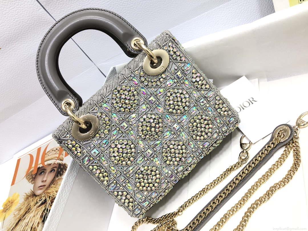 Dior M0505 Mini Dior Lady Bag Metallic Calfskin and Satin with Gray Resin Pearl Embroidery