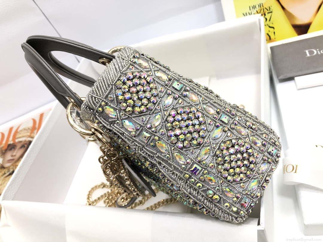 Dior M0505 Mini Dior Lady Bag Metallic Calfskin and Satin with Gray Resin Pearl Embroidery