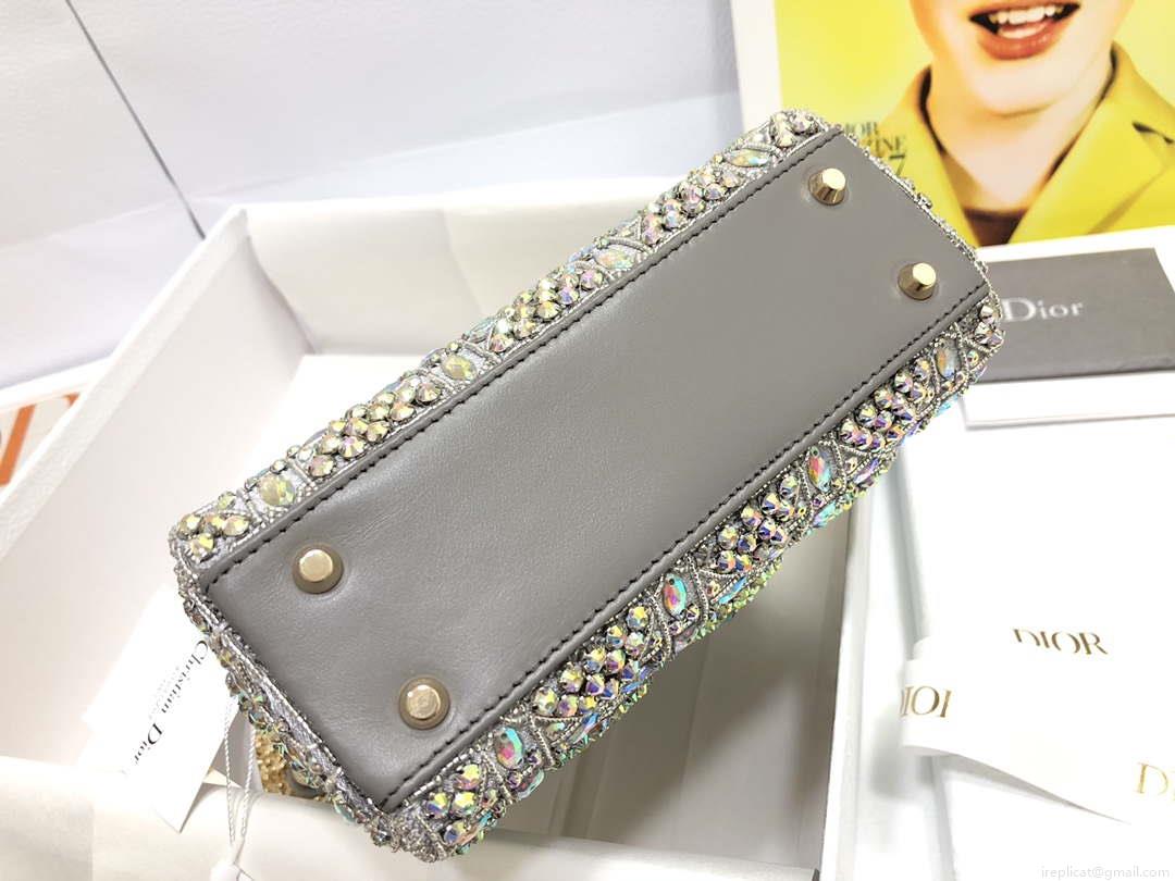 Dior M0505 Mini Dior Lady Bag Metallic Calfskin and Satin with Gray Resin Pearl Embroidery