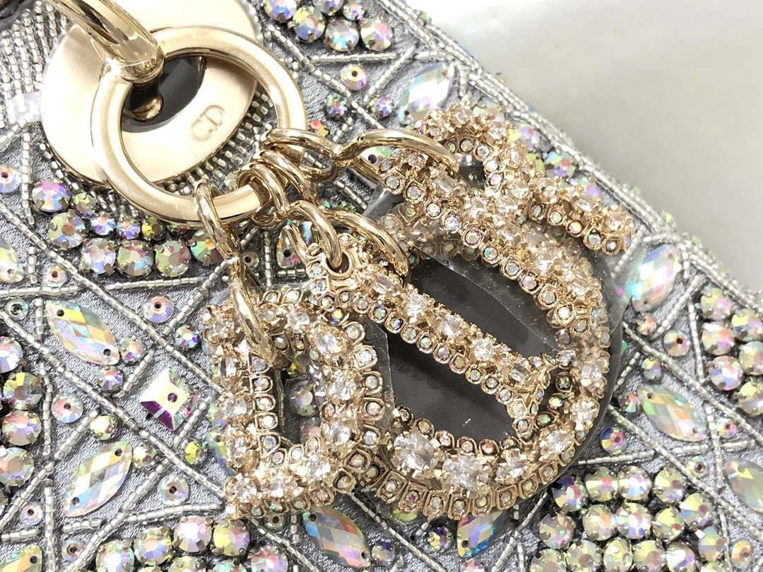 Dior M0505 Mini Dior Lady Bag Metallic Calfskin and Satin with Gray Resin Pearl Embroidery