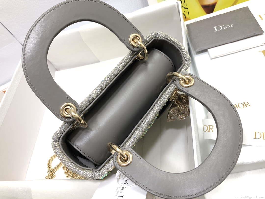 Dior M0505 Mini Dior Lady Bag Metallic Calfskin and Satin with Gray Resin Pearl Embroidery