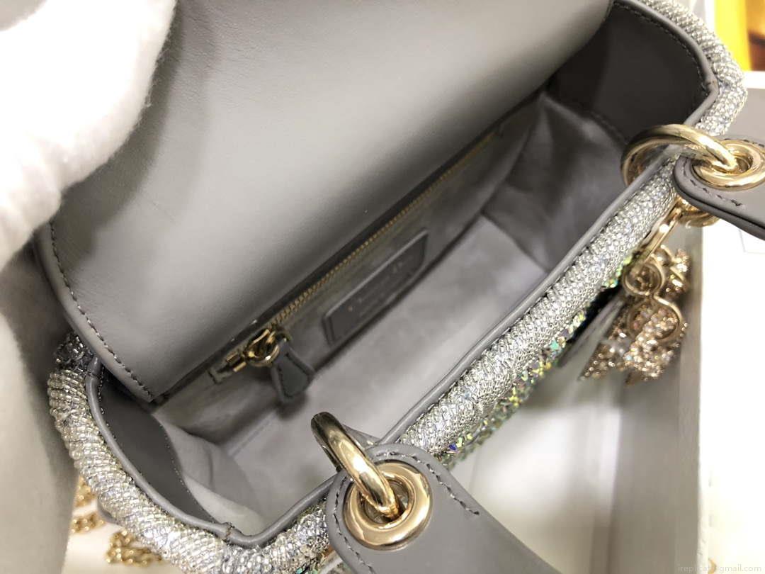 Dior M0505 Mini Dior Lady Bag Metallic Calfskin and Satin with Gray Resin Pearl Embroidery